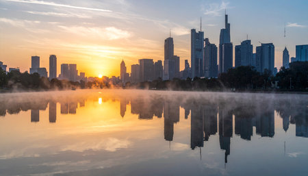 Shanghai skyline at sunrise with fog and reflection in the lakeの素材