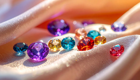 Wedding rings with multicolored gems on satin backgroundの素材