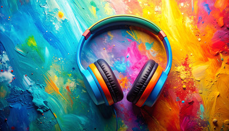 Headphones on colorful abstract background. Music concept. Top view.の素材