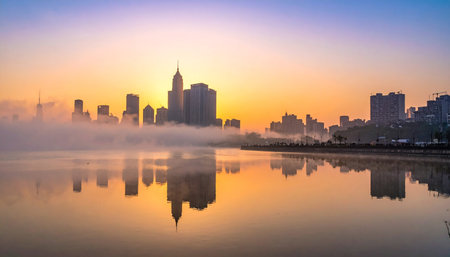 Shanghai city skyline in the morning with fog and water reflectionの素材