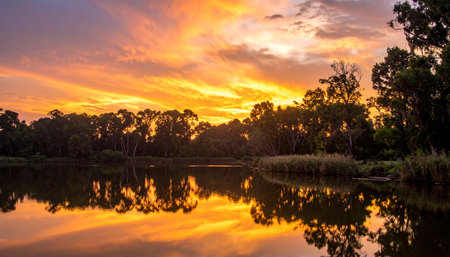 Sunset on the river with reflection in the water and trees.の素材