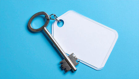 Key with blank paper tag on blue background. Top view with copy spaceの素材