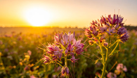 Cleome hassleriana or spider flower in the field at sunsetの素材