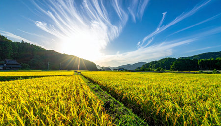 Rice field in the morning at Takayama, Japan.の素材