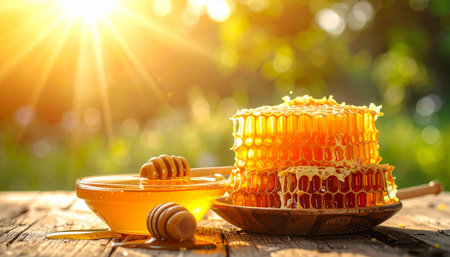 Honeycombs and honey dipper on wooden table in gardenの素材