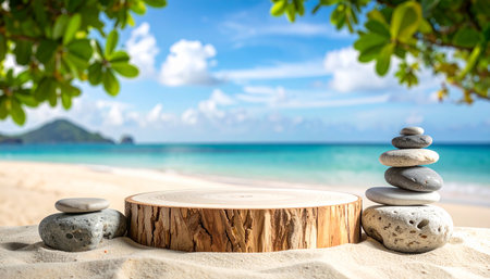 Wooden podium on tropical beach background. Mock up for product displayの素材