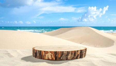 Wooden platform on sand dune in front of sea and sky backgroundの素材