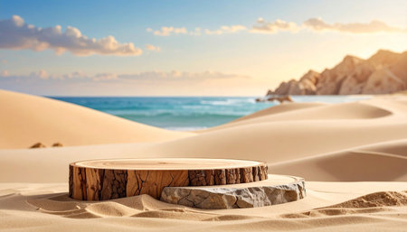 Wooden podium in the sand dunes. 3d rendering.の素材