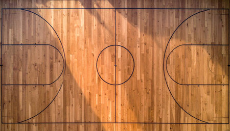 Basketball court with wooden floor and shadow. Basketball court in gymの素材