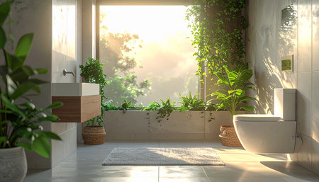 3d render of modern bathroom with bathtub and green plants.の素材