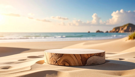 Wooden podium on the sand of the beach. 3d renderingの素材