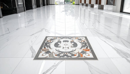 White marble floor with a pattern of flowers in the interior of the buildingの素材