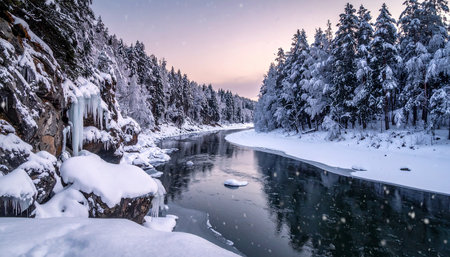Frozen mountain river in winter forest at night. Beautiful winter landscape.の素材