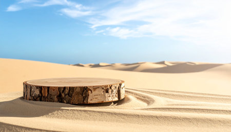Wooden podium in the desert with sand dunes and blue skyの素材