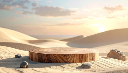 Wooden podium on the sand dunes. 3d render.の素材