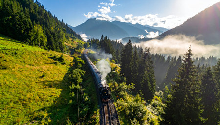 Freight train on the railway in the Carpathian mountains.の素材