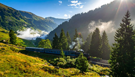Train on the high mountain pass in Carpathians, Ukraine.の素材