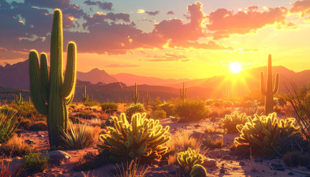 Saguaro National Park at sunset, Arizona, United States.の素材