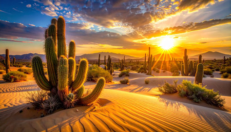 Sunset over the Saguaro National Park, Arizona, USAの素材