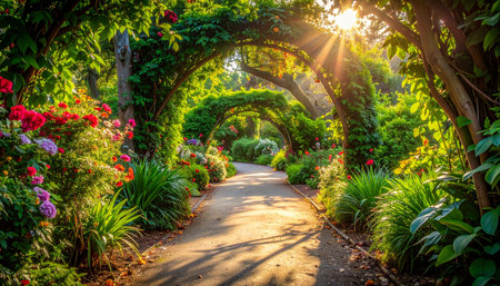 Sunset over a walkway in a beautiful botanical garden.の素材