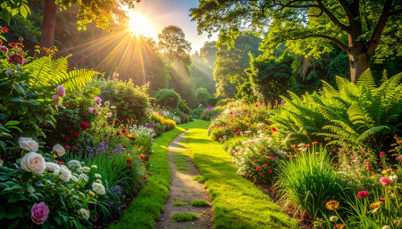 Beautiful summer garden with sun rays shining through the trees and flowersの素材