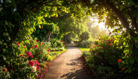 Sunset in the botanical garden. Beautiful summer landscape with flowersの素材