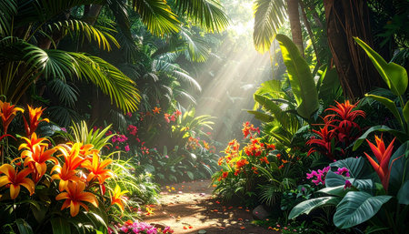 Tropical garden with colorful flowers and sunlight in the morning.の素材