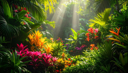 Beautiful tropical garden with sunlight shining through the leaves and flowers.の素材