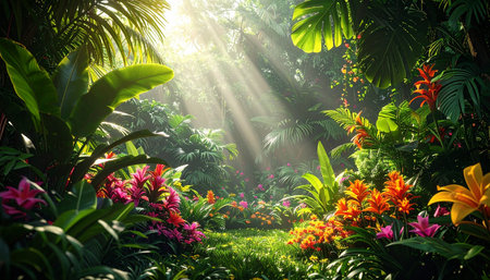 Beautiful tropical garden in the morning with sunbeams and lens flareの素材