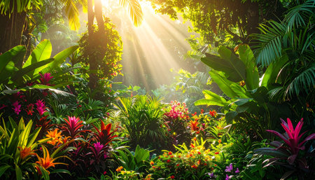 Beautiful tropical garden with sunlight shining through the leaves and flowers.の素材