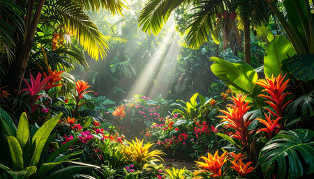 Beautiful tropical garden with sunlight shining through palm leaves and flowers.の素材