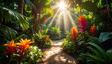 Beautiful tropical garden with sun rays shining through leaves and flowers.の素材