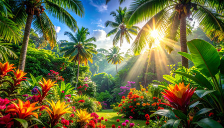 Beautiful tropical garden with sun rays shining through palm trees and flowersの素材