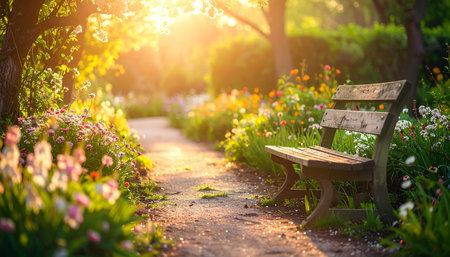 bench in the garden at sunset. Beautiful spring landscape with flowers.の素材