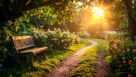Sunset in the garden with bench and flowers. Beautiful summer landscape.の素材