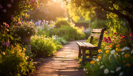 Bench in the garden with flowers at sunset. Beautiful summer landscape.の素材