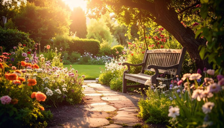 Bench in the garden with flowers and sunlight. Beautiful summer landscape.の素材