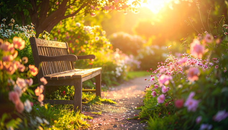 Bench in the garden at sunset. Beautiful summer landscape with blooming flowers.の素材