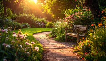 Bench in the garden at sunset. Beautiful summer landscape with blooming flowers.の素材