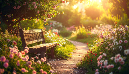 Bench in the garden at sunset. Beautiful summer landscape with flowers.の素材