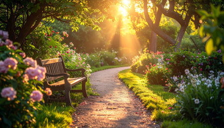 Bench in the park at sunrise. Beautiful summer landscape with blooming flowers.の素材