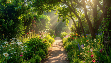 Sun rays passing through the trees and flowers in a beautiful summer gardenの素材