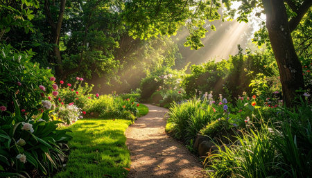 Sun rays shining through the trees in a beautiful green garden at sunsetの素材