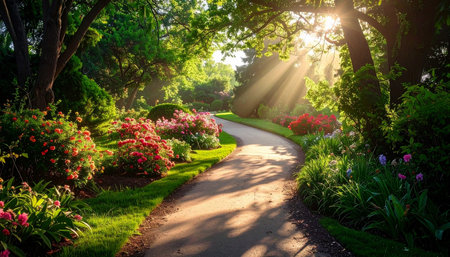 Beautiful spring garden with blooming flowers and sunbeams.の素材