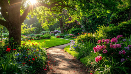 Beautiful spring garden with blooming flowers and path in morning lightの素材