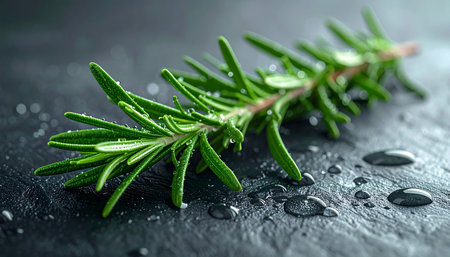 Fresh rosemary on a black background with water drops close up.の素材