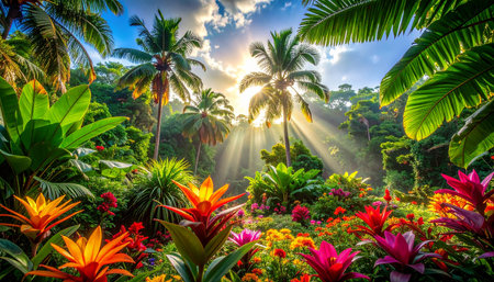 Beautiful tropical garden with palm trees, flowers and sunlight in the morningの素材