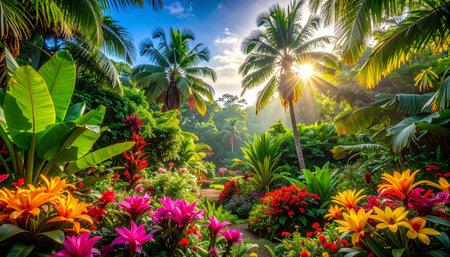 Beautiful tropical garden with palm trees, flowers and sun rays.の素材