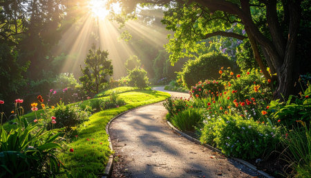 Beautiful spring garden in the morning light. Beautiful summer landscape.の素材