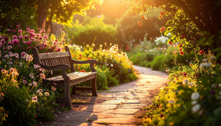 Bench in the garden at sunset. Beautiful summer landscape with blooming flowers.の素材